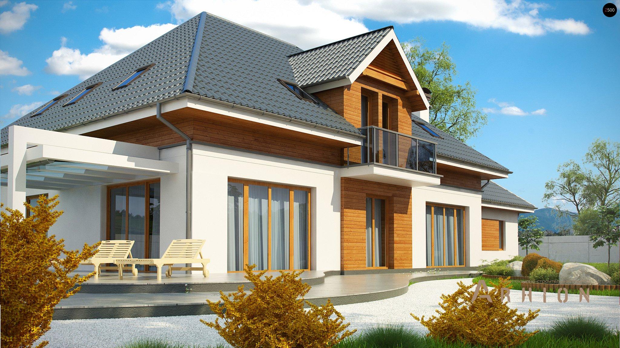 5. Проект одноэтажного дома в альпийском стиле с четырехскатной, Z50 A, площадью - 343 кв c мансардой, терассой, балконом, гаражом